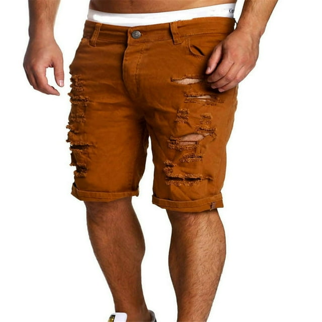 Men Summer Jeans Slim Fit Straight Skinny Shorts Fit Denim Trousers Button Hollow Out Shorts
