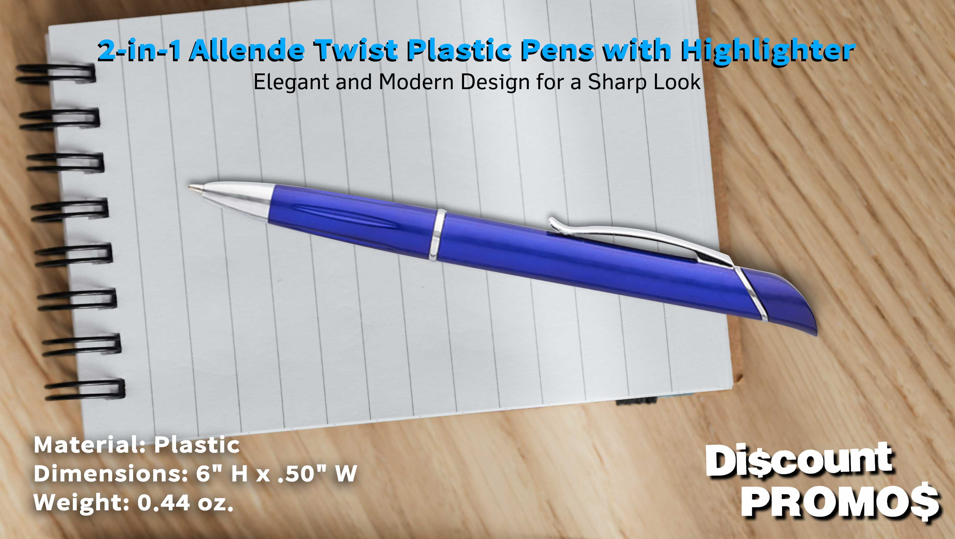 10 Allende Twist Plastic Pens with Highlighter Pack - Stylish, Durable, Black Ink - Blue