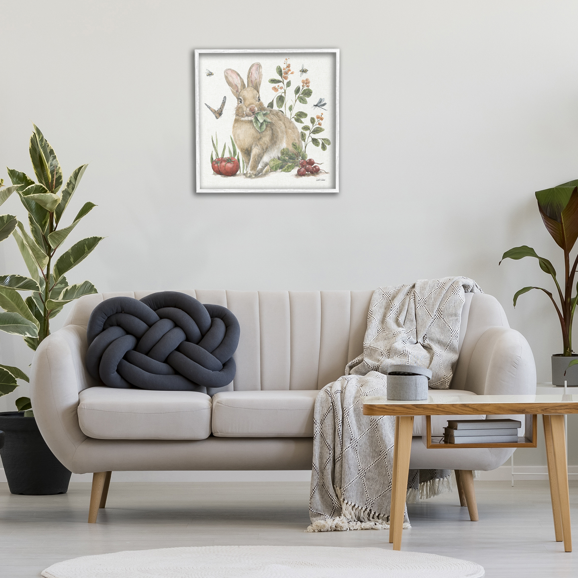 Stupell Industries Rabbit & Butterfly Garden Animals & Insects Painting White Framed Art Print Wall Art, 24 x 24