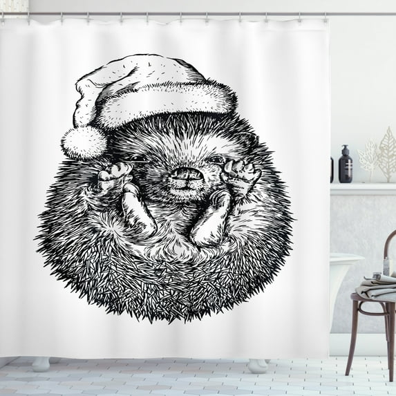 Ambesonne Hedgehog Shower Curtain, Winter Attire Hat, 69"Wx84"L, Black White
