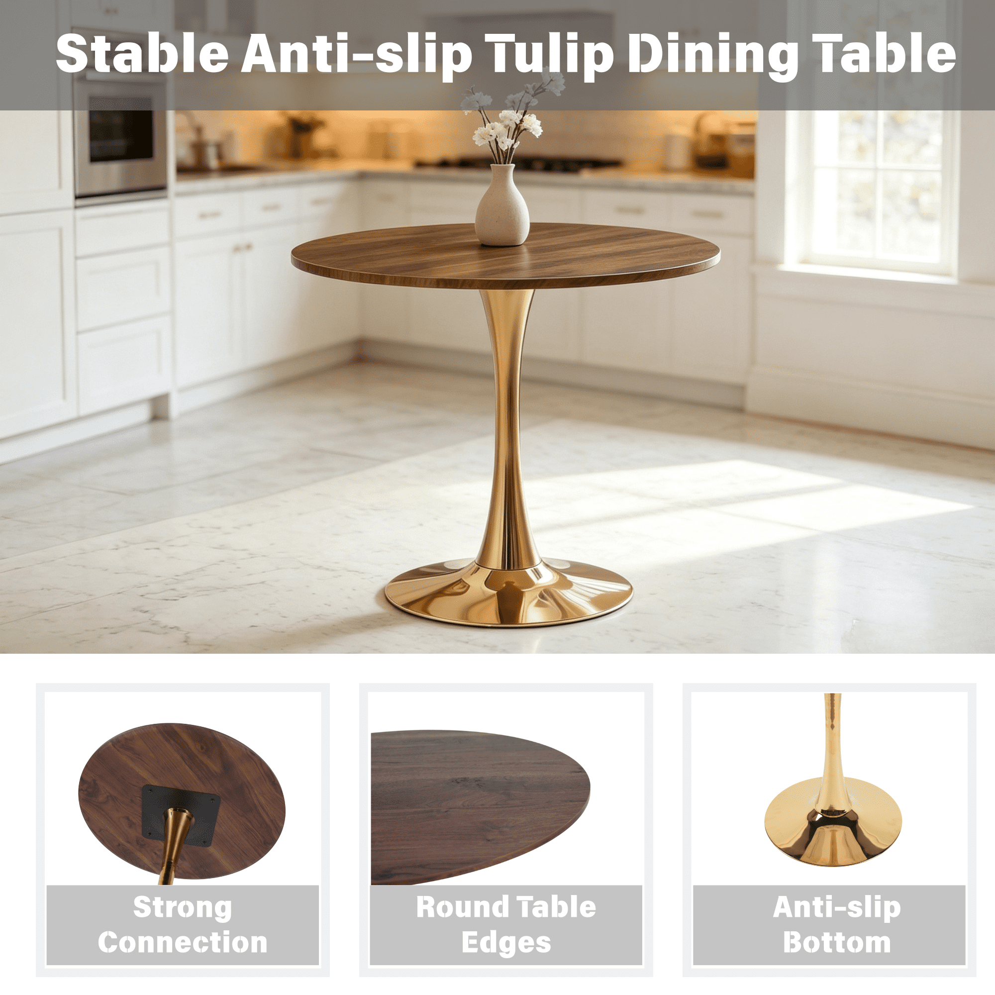 Euroco 31.5" Round Dinning Table for 4,Modern Kitchen Table with Metal Pedestal Base & Tulip Design for Dining, Tea & Lounge,Sturdy Base,Walnut