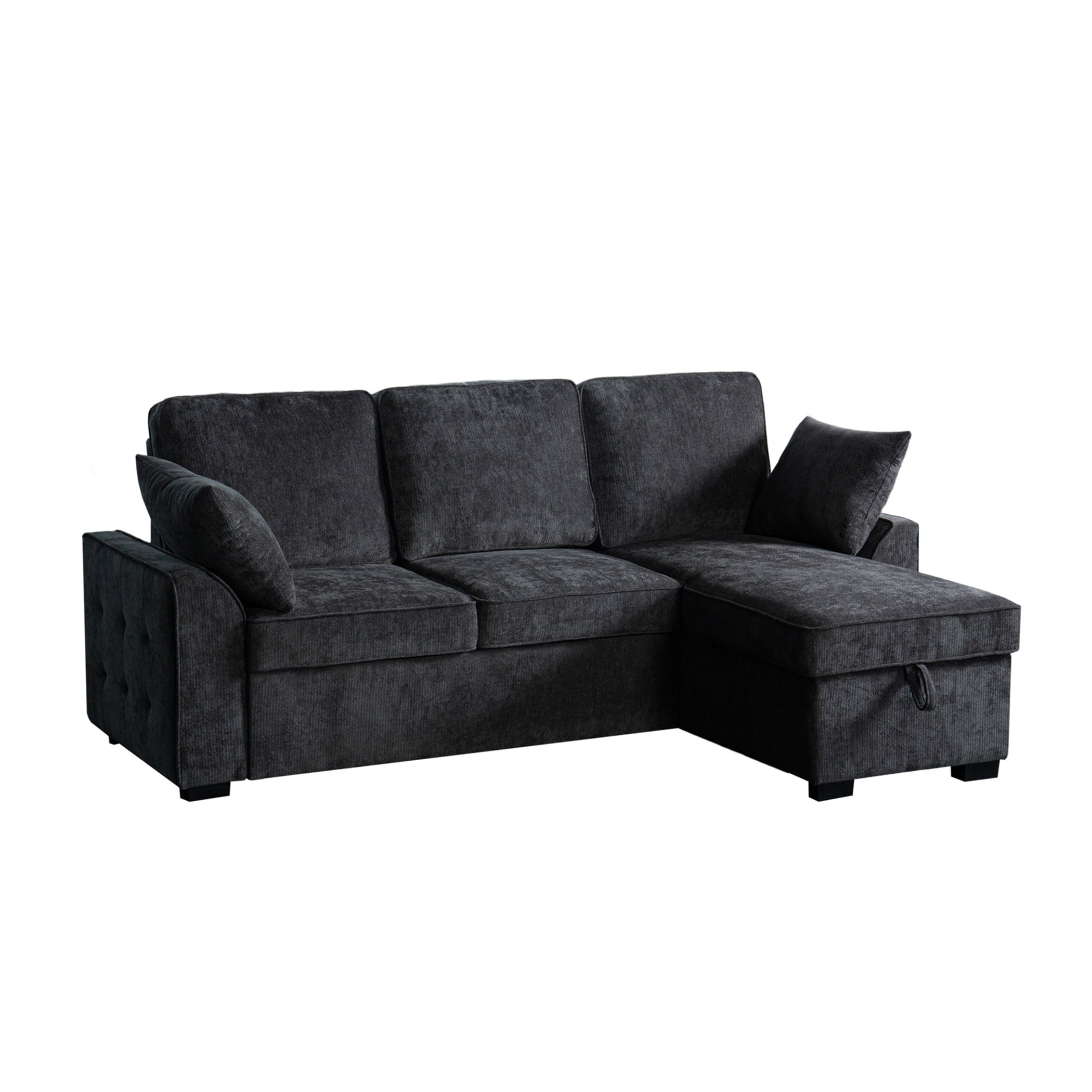 Aukfa 86" L-Shaped Convertible Sectional Sleeper Sofa Bed with USB & Cup Holders Console, Storage Chaise for Living Room, Chenille, Black Gray