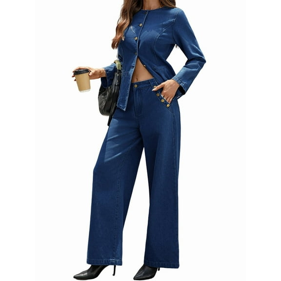 Women 2 Piece Denim Set Y2k Shirt Wide Leg Jeans Palazzo Pants Outfits Blue Suit XL