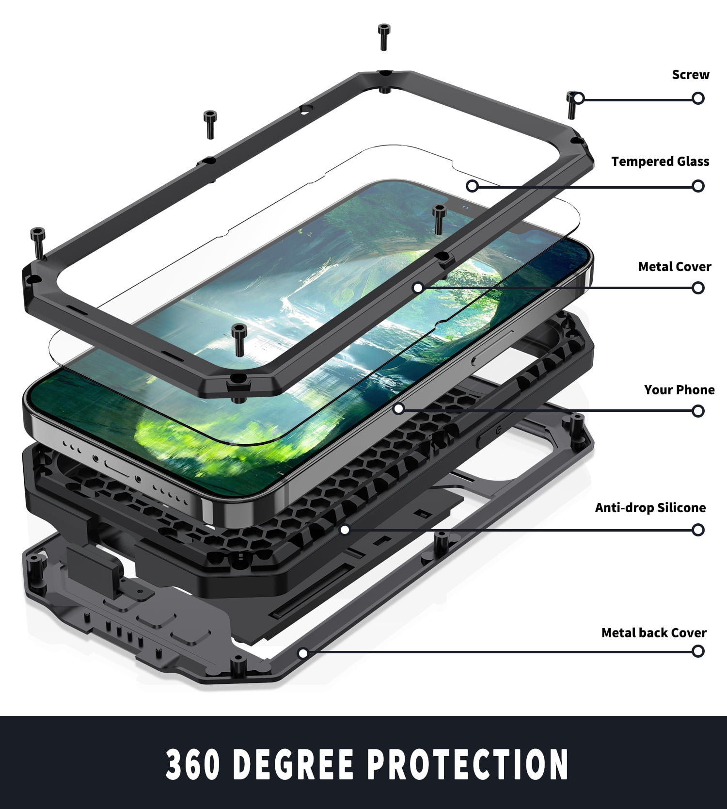 Compatible with iPhone 13 Case with Built-in Glass Screen Protector, Allytech Full Body Shockproof Life Waterproof Kickstand Slide Camera Lens Protective Case for iPhone 13 5G 6.1" 2021, Black