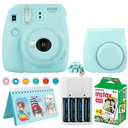 Fujifilm Instax Mini 9 Instant Camera (Ice Blue) + Fujifilm Instax Mini Twin Pack Instant Film (20 Exposures) + Camera Case + Scrapbooking Album + 4 AA Batteries & Charger + 6 Colored Lens Filters