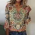 thumbnail image 1 of ICHUANYI Clearance Women's Casual Printed Three-quarter Sleeve V-neck Flared Sleeve T-shirt Shirt(Khaki, L) ICHUANYI WER2023080708894, 1 of 5