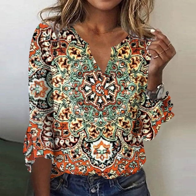 ICHUANYI Clearance Women's Casual Printed Three-quarter Sleeve V-neck Flared Sleeve T-shirt Shirt(Khaki, L) ICHUANYI WER2023080708894
