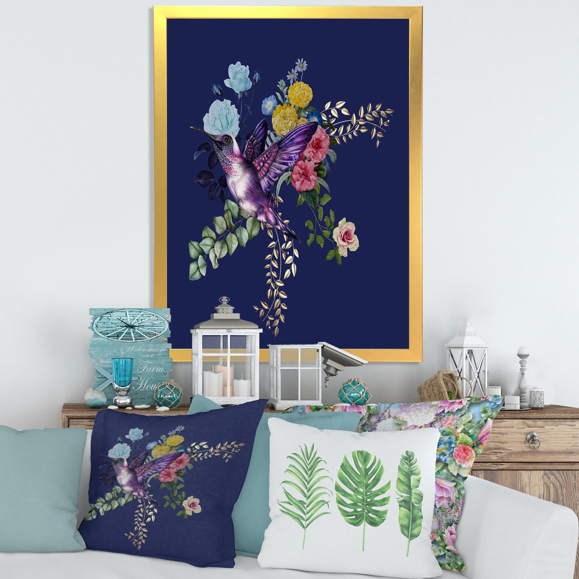 Designart 'Little Bird Sitting On Colourful Bouquet Of Wildflowers I' Traditional Framed Art Print