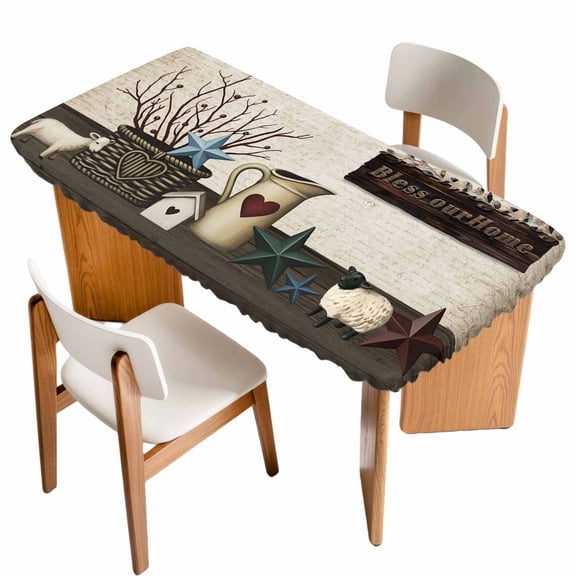 Bless OurHome Table Cloths for 5 Foot Rectangle Tables, Farmhouse Pots Texas Stars Retro Wooden Plank Patio Waterproof Elastic Fitted Tablecloths, Washable Rectangular Table Cover for Camping