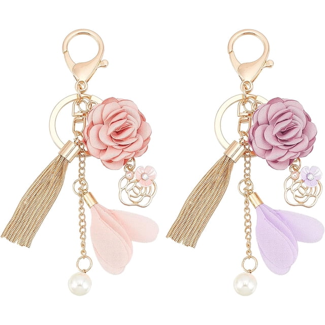 Llavero con borlas de flores de 2 colores, flor de rosa floreciente, llavero de coche con perla