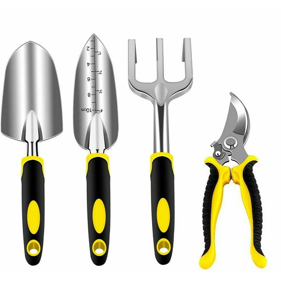 Kit d'Outils de Jardinage en Aluminium 4 Pièces avec Cisaille à Élaguer, Râteau, Pelle et Truelle Kit de Plantation à Main Robuste pour Intérieur et Extérieur Cadeaux de Jardinage pour Femmes et Hommes, Jaune
