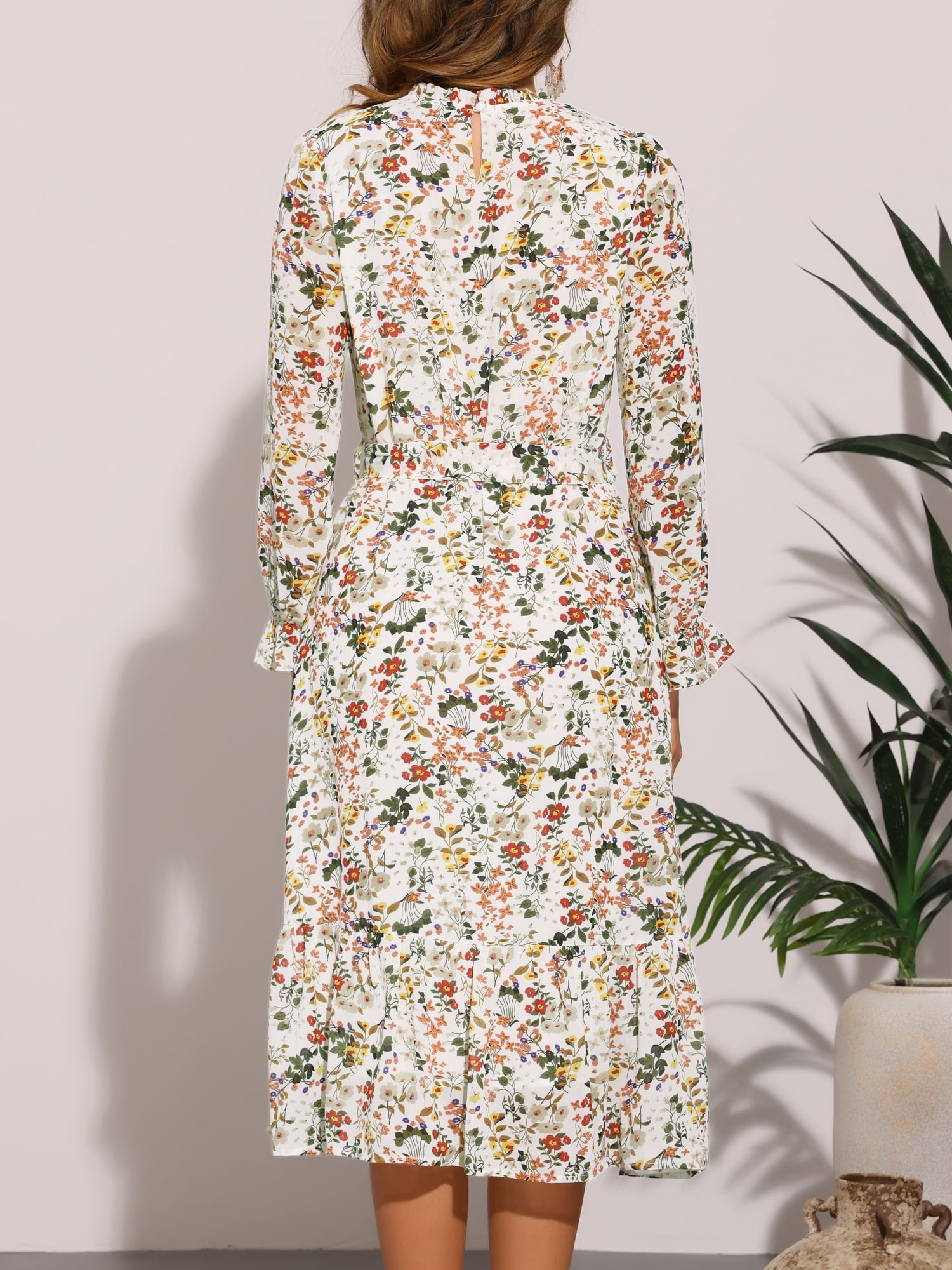 DARING DIVA Fall Floral Long Sleeve Chiffon Midi Dress XL White