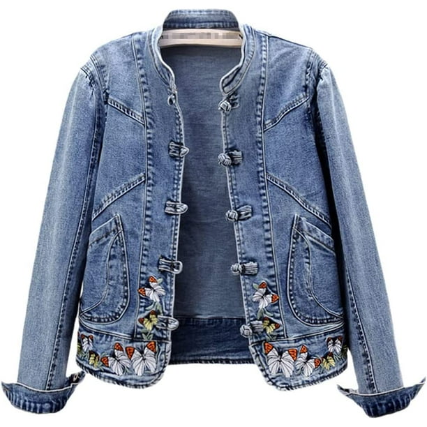 chamarra de mezclilla elastica bordada de primavera para mujer chamarra basica para mujer Xishao ropa Walmart en linea