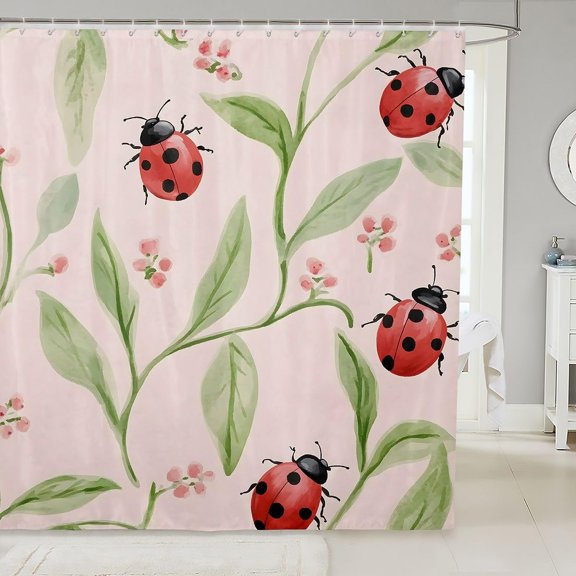 Watercolor Ladybug Shower Curtain Pink Leaves Spring Floral Fabric Bathroom Decor 71x71 inches