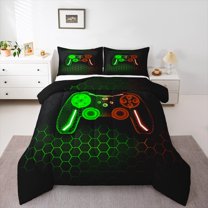 Castle Fairy Video Game Boy Full Size Comforter Sets 3-Piece,Geometric Honeycomb Bedding Comforter Set,Abstract Gradient Gamepads Lightweight Bedding Sets,Breathable Home Decor,Reversible