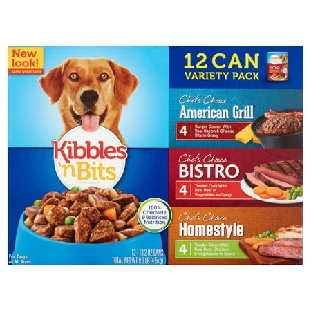 Kibbles 'n Bits Dog Food Wet Variety Pack Avec dîner Burger avec des morceaux de bacon véritable et fromage en sauce, boîtes de conserve 13.2 onces (paquet de 12)
