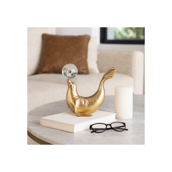 Sea Lion Figurine with Acrylic Ball for Home or Bathroom Decor - Decorative Sculpture for Office, Room, or Coffee Table Decor - Modern Ornament Statues for Shelf or Living Room Decor - 7", Gold