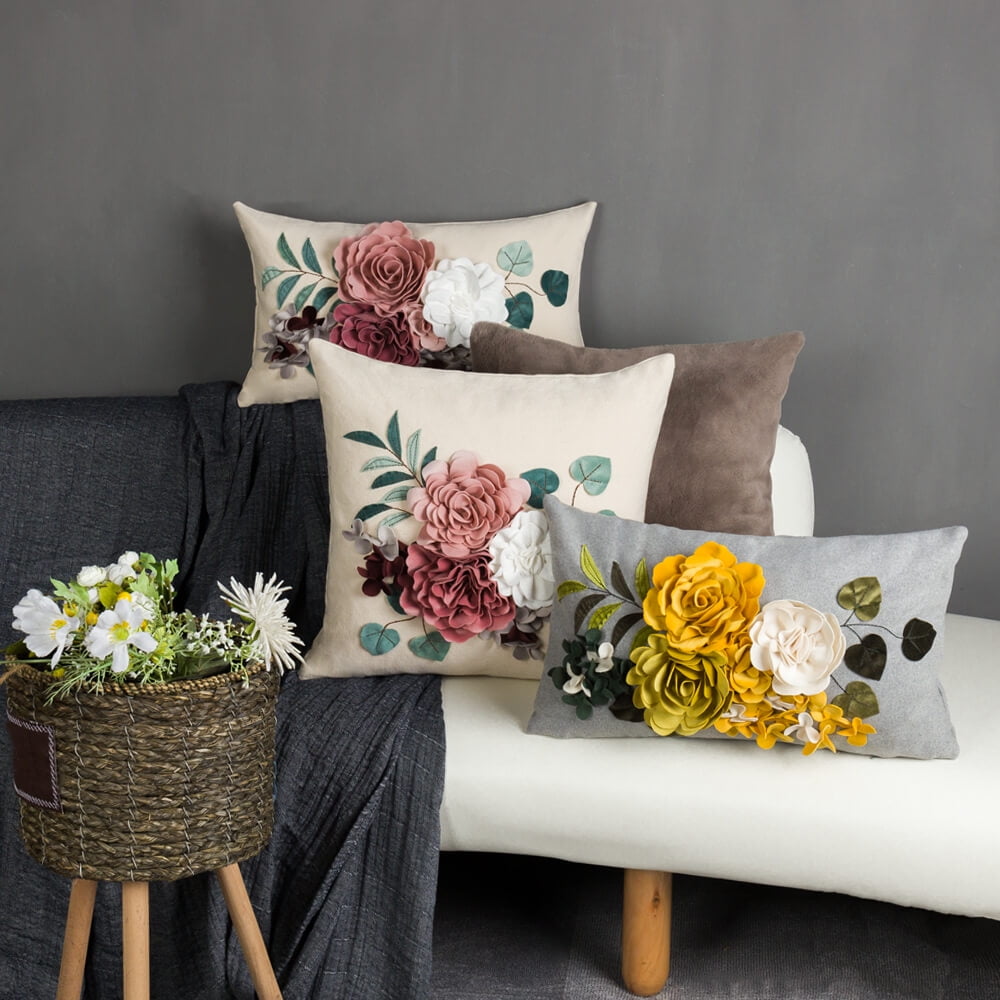 JWH Cream 3D Multi-Floral Throw Pillow Blush and White Flower Accent Cushion with Green Leaves for Couch Bedroom Decor 18x18inches