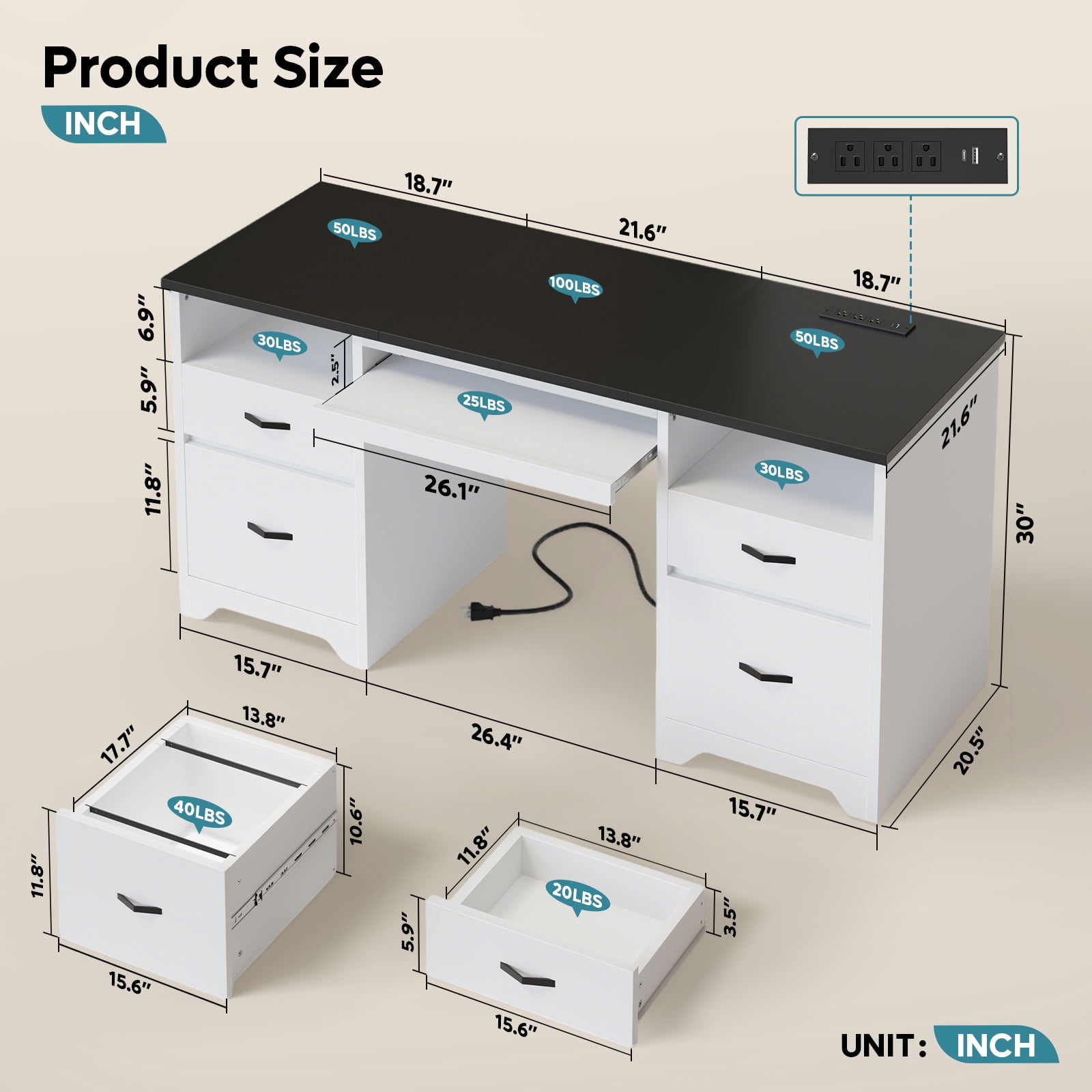 Bestier 59''Computer Desk with 4 Drawers,Office Desk with Storage,Modern Executive Desk with File Drawer, Office Desk with Charging Station, Keyboard Tray for Home office, Study & Bedroom，White