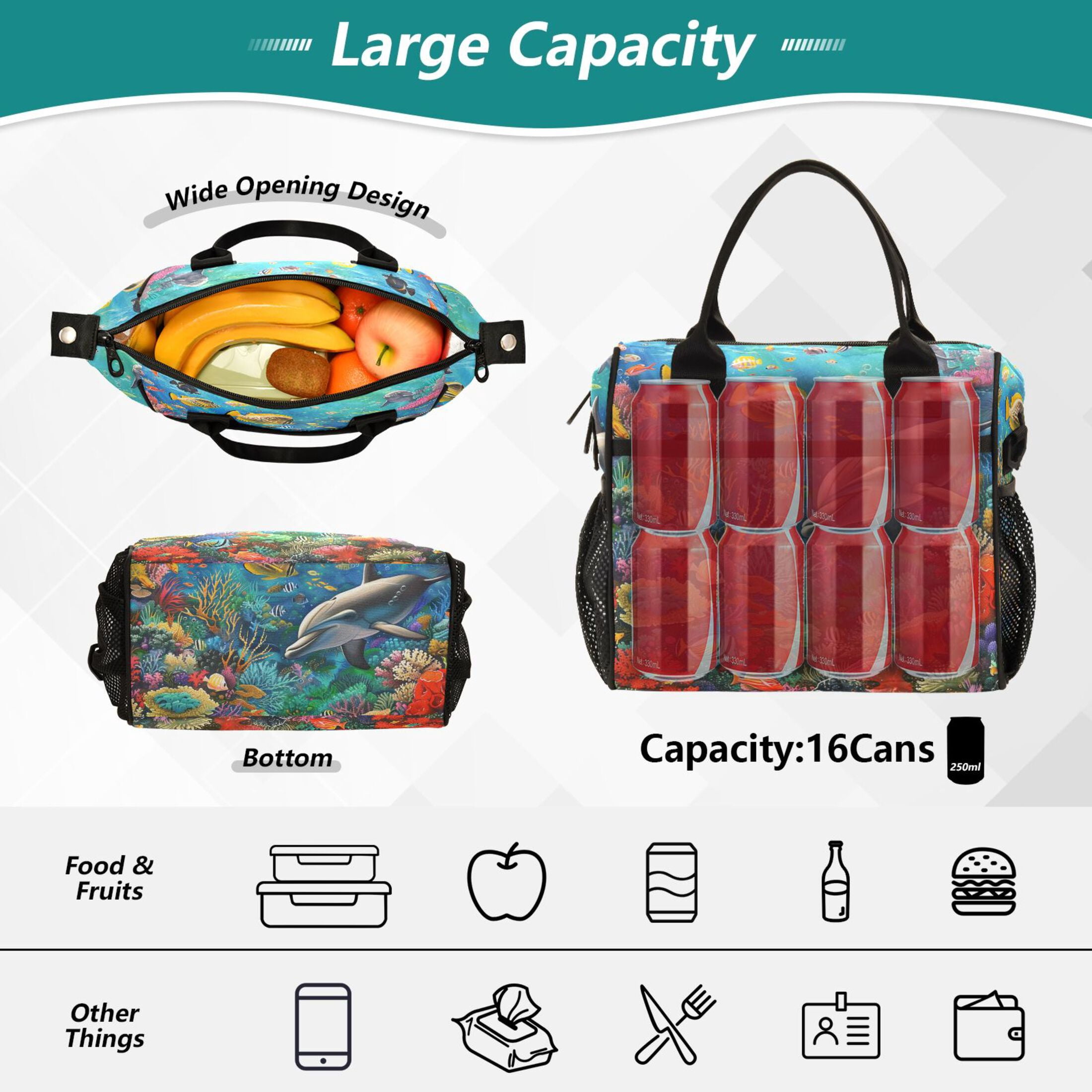 ALAZA Dolphin Fish Coral under Sea Insulated Lunch Bag Reusable Tote Box Adjustable Shoulder Strap for Work Picnic