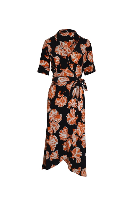 Pre-Owned Ganni Midi Wrap Dress in Black and Orange Silk