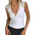 thumbnail image 2 of Women'S Deep V Neck Lace Tank Top Summer Sleeveless Low Cut Shirt Tie Front Cropped Shirt White M, 2 of 7
