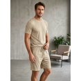 thumbnail image 6 of Men Solid Crew Neck Short Sleeve Tee & Drawstring Pocket Shorts 2 Piece Casual Summer Tracksuit Khaki 4XL, 6 of 7