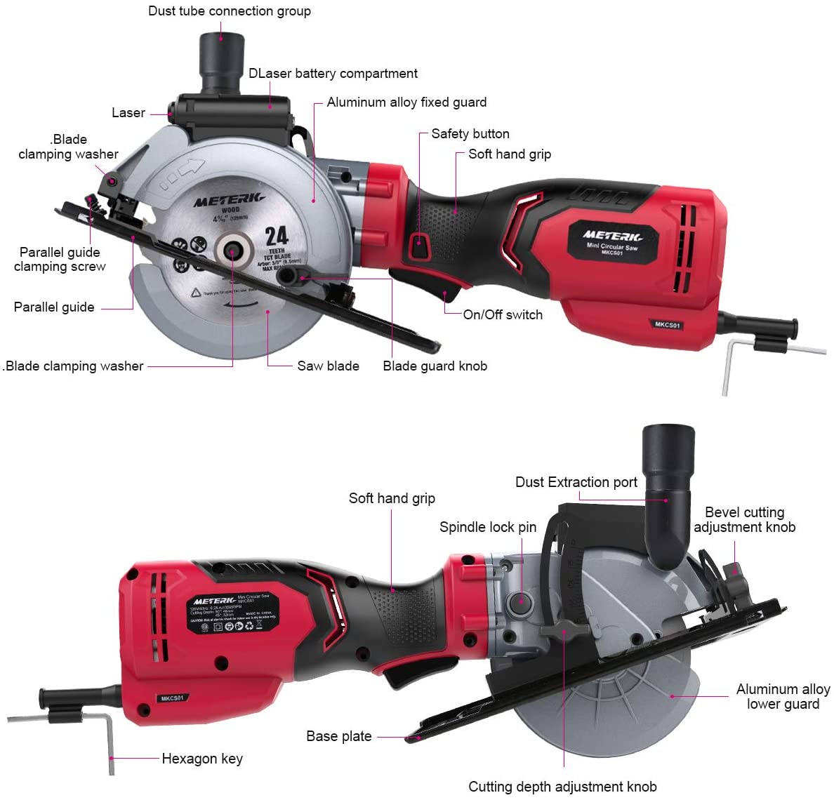 Meterk Mini Circular Saw, 6.2A Compact Electric Circular Saw with Laser Guide, 6 Blades, Max Cutting Depth 1-9/10''(90°), 1-1/4''(0°-45°) - image 3 of 6