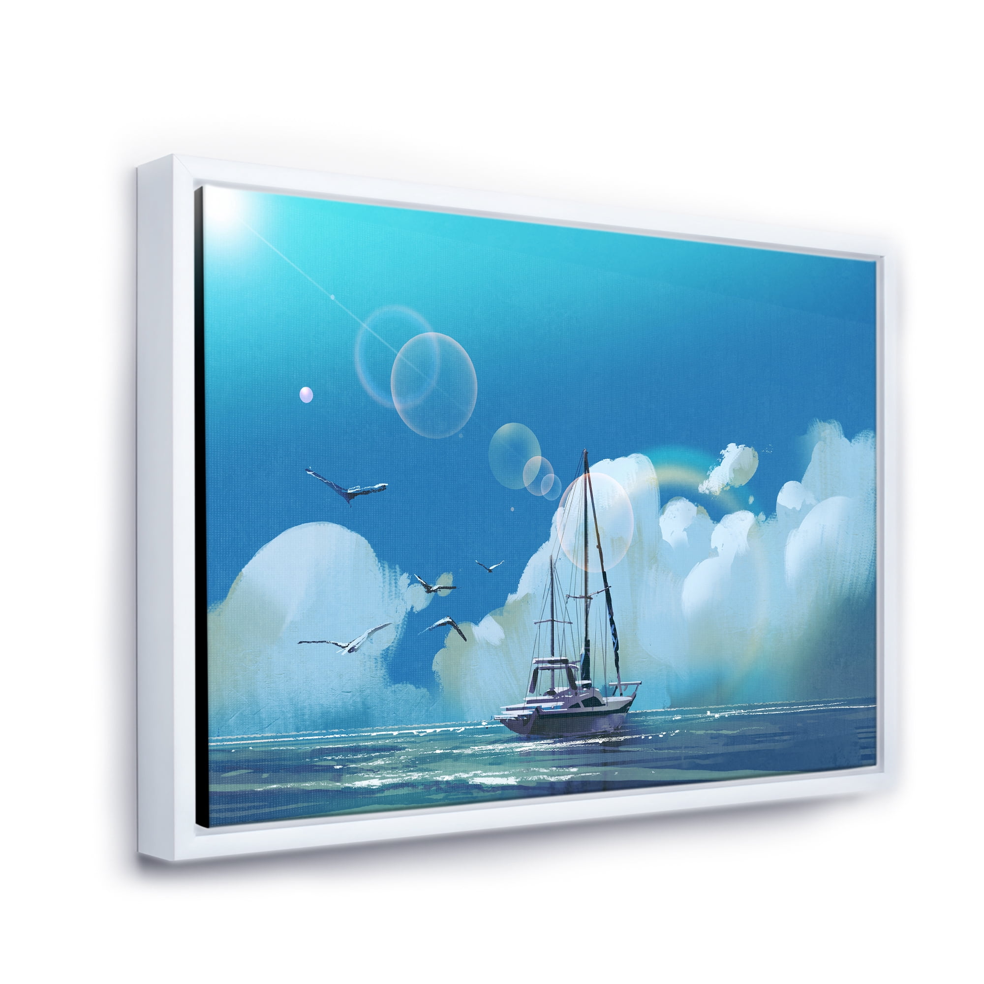 The Sailboat On The Blue Sea Against Summer Clouds Sky 32 in x 16 in Framed Photography Canvas Art Print, by Designart