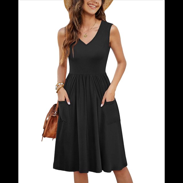 Vestidos de Verano para Mujer 2025, Informales, Sin Mangas, para Vacaciones en la Playa, Fluidos, Midi, con Bolsillos. Negro S