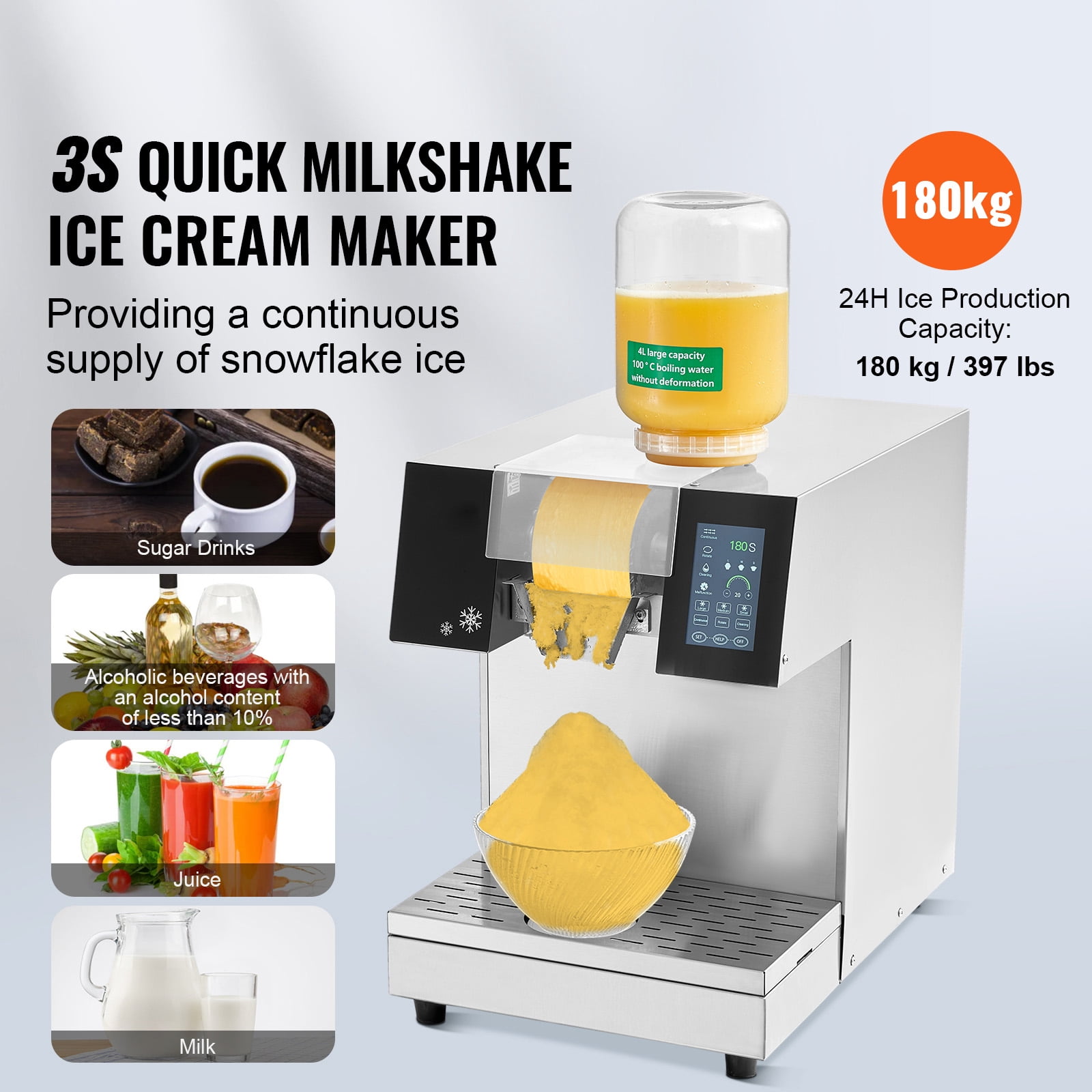 KFFKFF Commercial Snowflake Ice Machine, 397 lbs/24H Capacity, Stainless Steel Ice Maker, Electric Ice Shaver, Efficient Cooling System for Quick Heat Dissipation, Ideal for Desserts