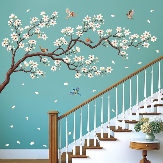 Decowall Sg4-2213 Pegatinas De Pared De Árbol De Flores Orientales, Pegatinas De Flores De Cerezo Blanco, Despegar Y Pegar, Dormitorio, Sala De Estar, Murales De Flores, Decoración Floral, Pájaros, Mu