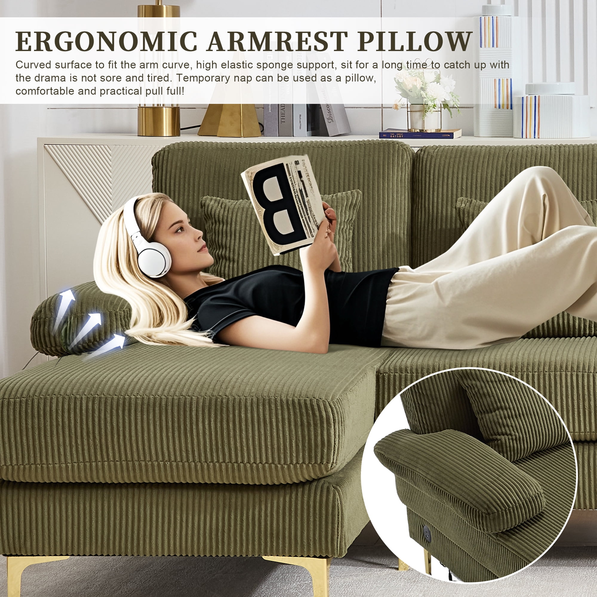 Homefun U-Shaped Corduroy Sectional Sofa 4-Seat with 2 Chaise Large Couches with USB Intelligent Lighting