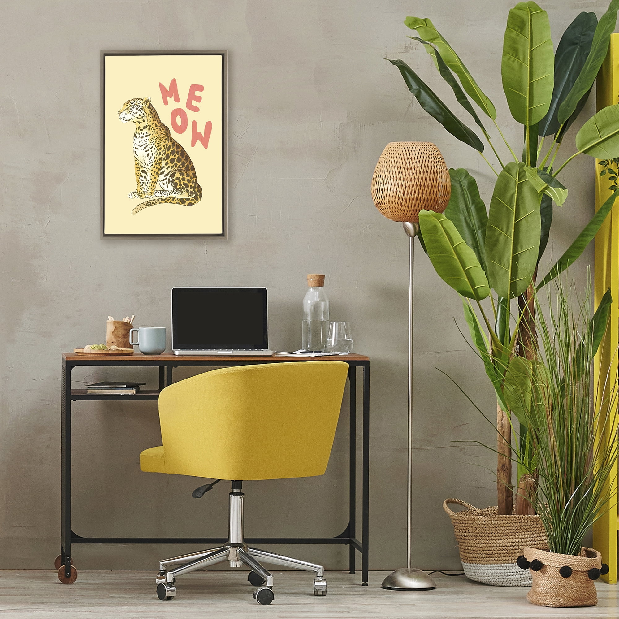 Stupell Industries Meow Leopard on Yellow Brown Framed Floater Canvas Wall Art, design by Florentina Dolci