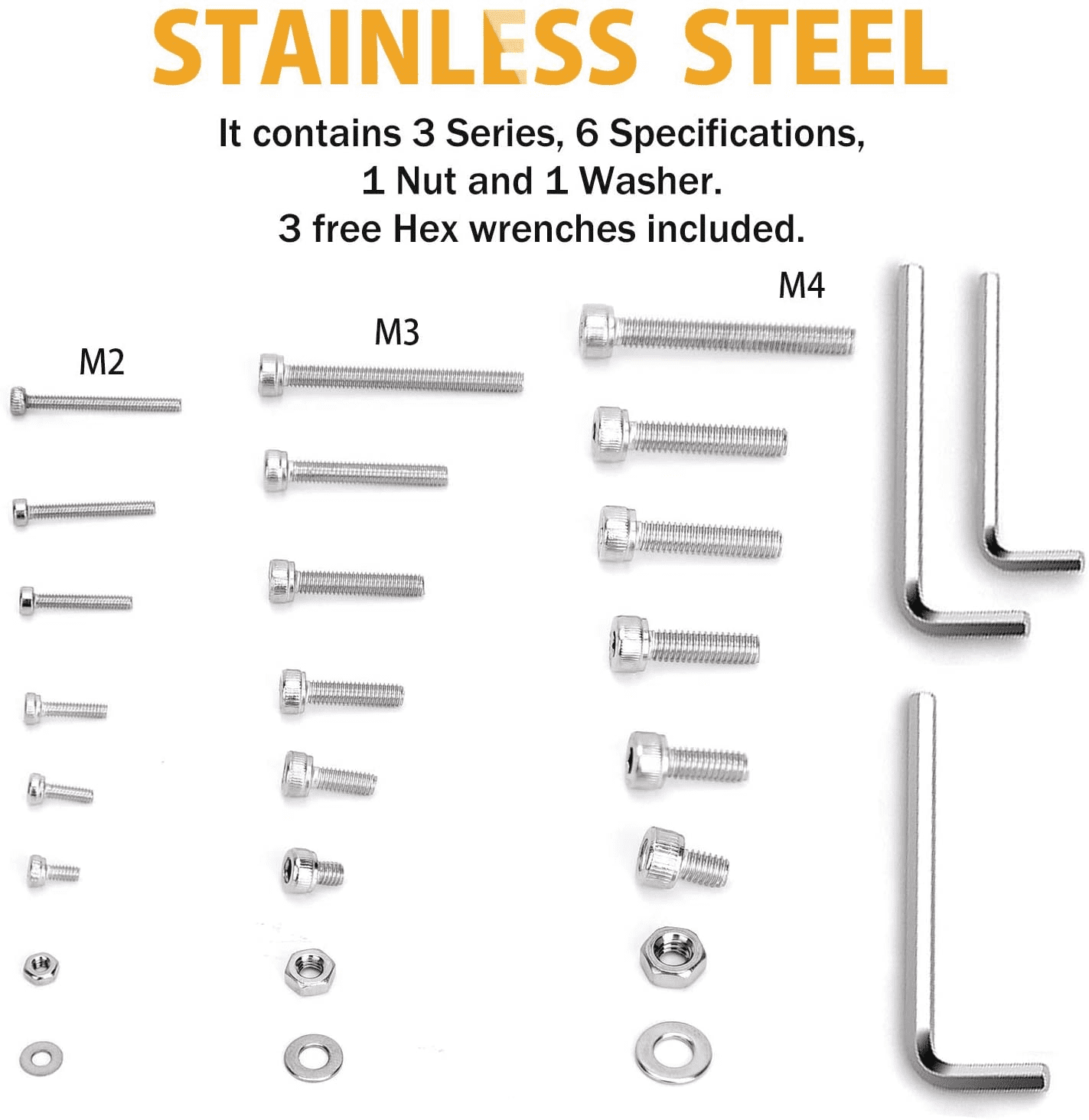 VIGRUE M2-M3-M4-1080PCS Stainless Steel Screws and Nuts, 1080 Pcs Hex Socket Head Cap, Silver