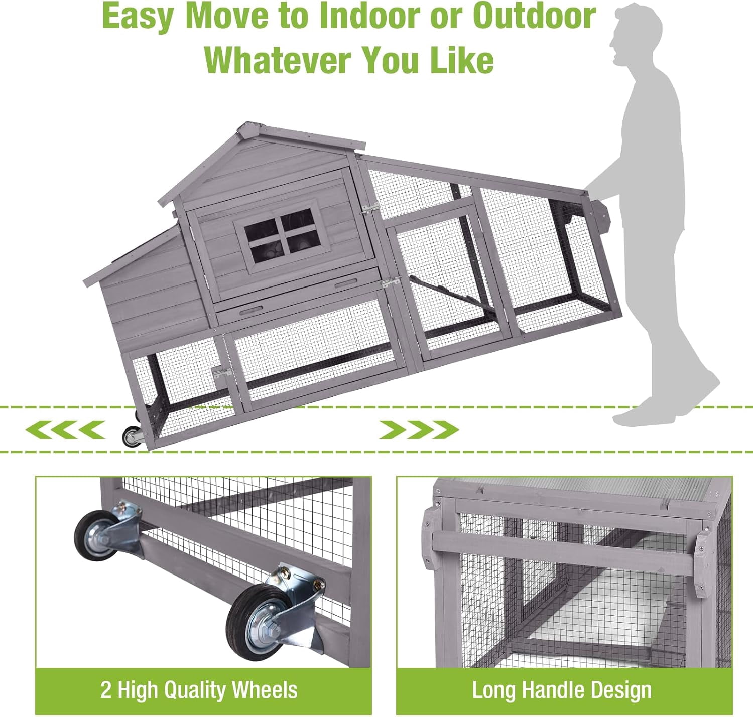 Chicken Coop Mobile Chicken House On Wheel Outdoor Rabbit Hutch for 2-4 Chickens 67"