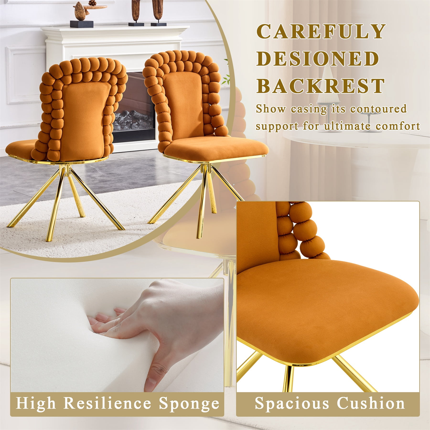 Alvantor Velvet Bubble Dining Chairs, Orange, Set of 2 with Metal Legs