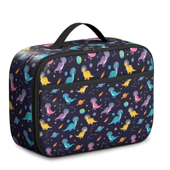 Dinosaur and Planet Black Pattern Insulated Lunch Bag Teens,Bento School Lunch Bag for Teens for Work,Picnic or Travel 10.6x7.7x4.3 Inches,12 Can Capacity
