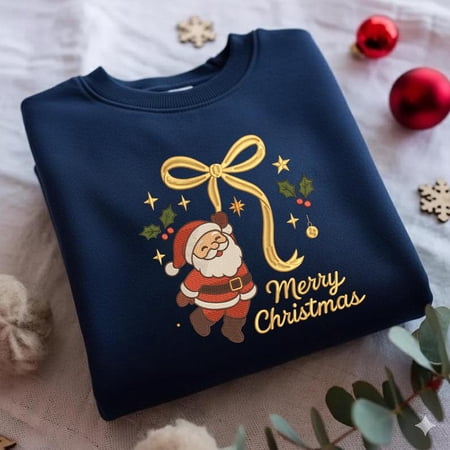 Santa Hanging on Ribbon Embroidery Design, Merry Christmas Machine Embroidery File, Cute Santa Claus Embroidery Pattern, Holiday Xmas Design