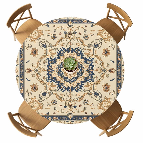 Vintage Floral Pattern Round Table Cover, Traditional Flower Bohemian Style Waterproof Fitted Tablecloths for 36"-44" Tables, Washable Picnic Table Cover for Camping Dining Indoor Outdoor