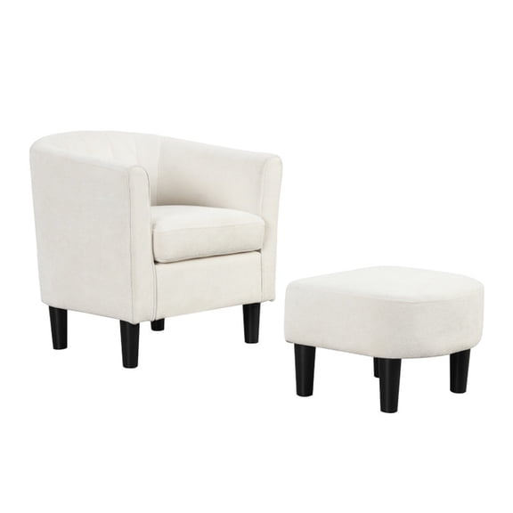 Furnibear Upholstered Teddy Velvet Club Barrel Chair with Ottoman with Footrest, Beige - for Living Room, Bedroom and Home Office