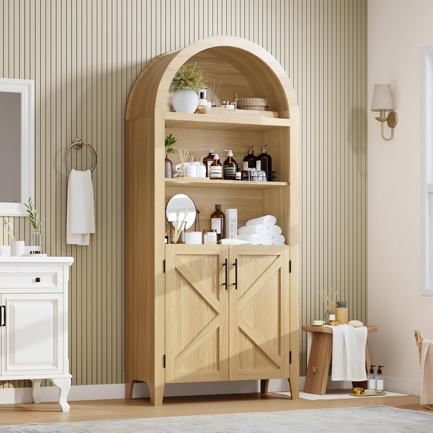 BouPower Arched Pantry Cabinet with Open Display Shelf,Kitchen Cabinet with Doors,Versatile Cupboard for Kitchen Dining Room