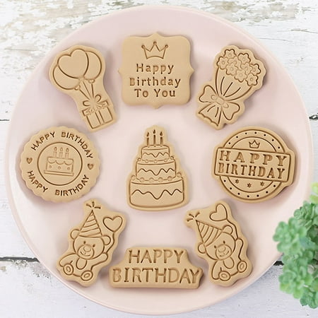 

8PCS Cookie Cutters Plastic 3D Birthday Theme Pressable Biscuit Mold Bakeware