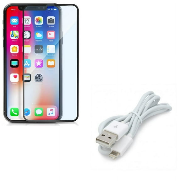 iPhone XS/X - Anti-Glare Screen Protector w Charger Cord USB Cable - Tempered Glass Matte 3D Curved Edge Anti-Fingerprint Case Friendly, Power Wire Sync Fast Charge Data High Speed