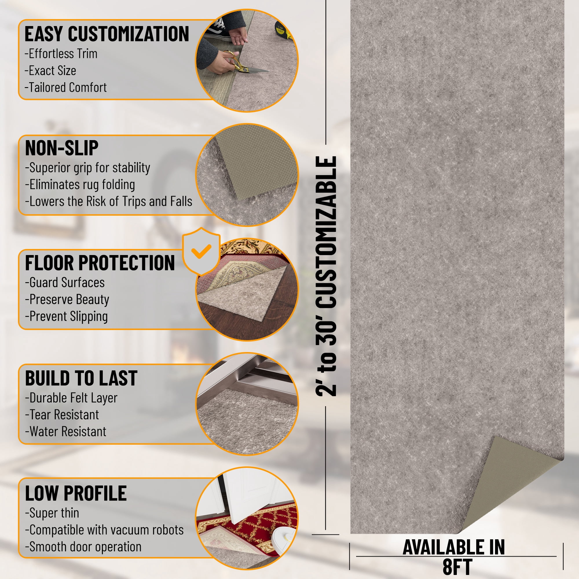 Ottomanson Absorbent Non-Slip Area Rug Pad Dual Surface Safe for Hardwood & Carpet, 8' x 13'