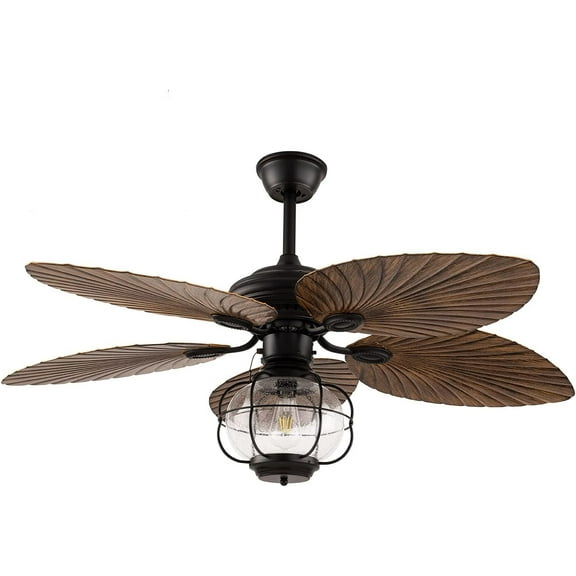 Tropical Ceiling Fan with Light 52 Inch Palm Leaf Ceiling Fan 5 ABS Palm Blades Glass Lampshade Chandelier Lighting Fixture 3-Speed Changes w/Remote Reversible for Kitchen Bedroom Living Room