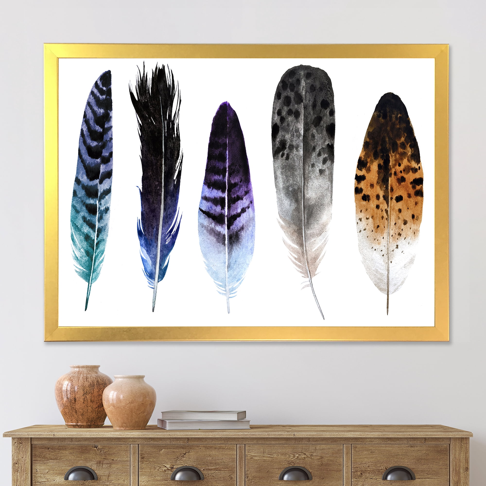 Designart 'Colourful Boho Art Feathers II' Bohemian & Eclectic Framed Art Print