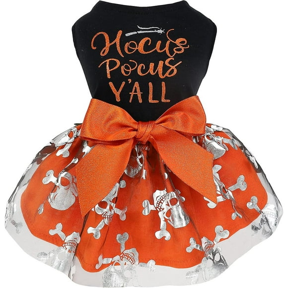 Hocus Pocus Yall Funny Dog Halloween Tulle Dress, Holiday Dog Clothes For Small Dogs Girl, Funny Pirate Skull Pet Costume, Witch Cat Outfit, Orange, B