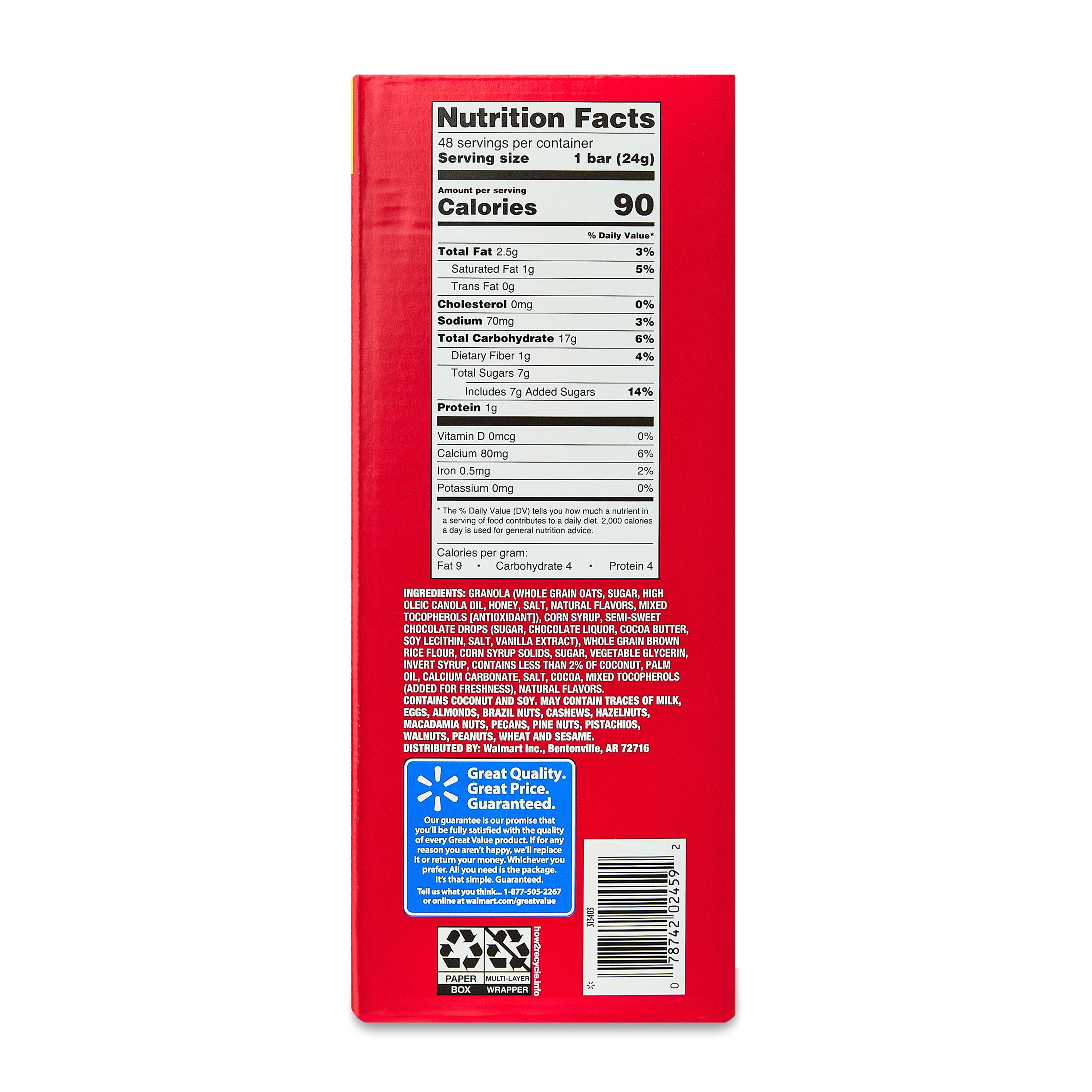 Great Value Chocolate Chip Chewy Granola Bars, Family Size, 0.84 oz Paper Box, 48 Count