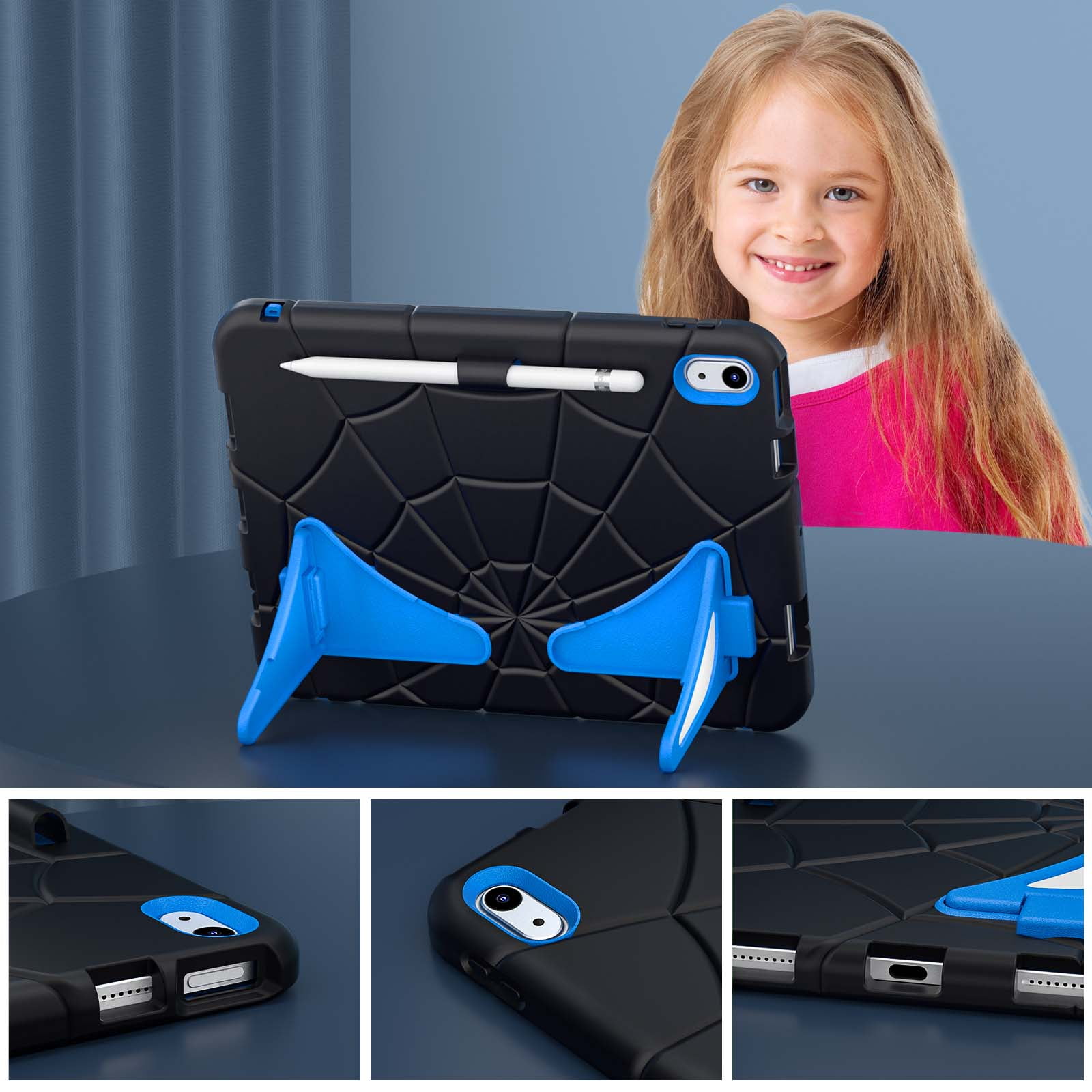 Dteck iPad 10th Generation Case iPad 10.9 Case 2022 New iPad 10th Gen Case for Kids 10.9 Inch Shockproof Protective Cover with Pencil Holder & Shoulder Strap & Kickstand for Kids Children,Black + Blue